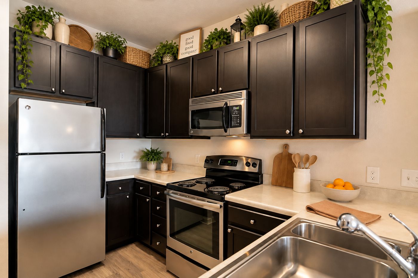 Warm kitchen with dark wood cabinets and plants along the cabinet tops